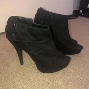 Black Suede Heeled Bootie with Open Toe